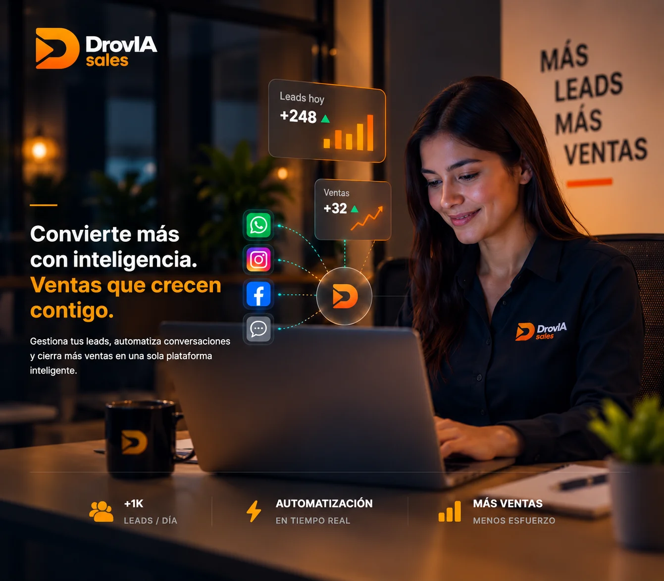 DrovIA Sales. Convierte más con inteligencia. Ventas que crecen contigo. Más leads, automatización en tiempo real y más ventas.
